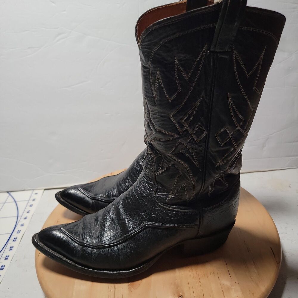Vintage Black Leather Cowboy Boots Cat's Paw Heel Western Stitching Mens 10 D